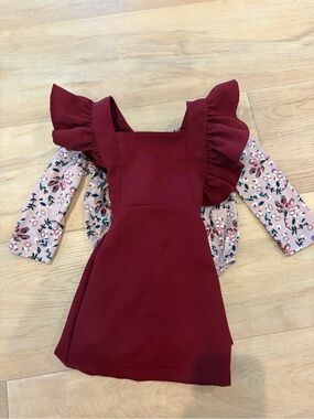 Baileys Blossom Girls Burgundy Pinafore Dress with Floral Top